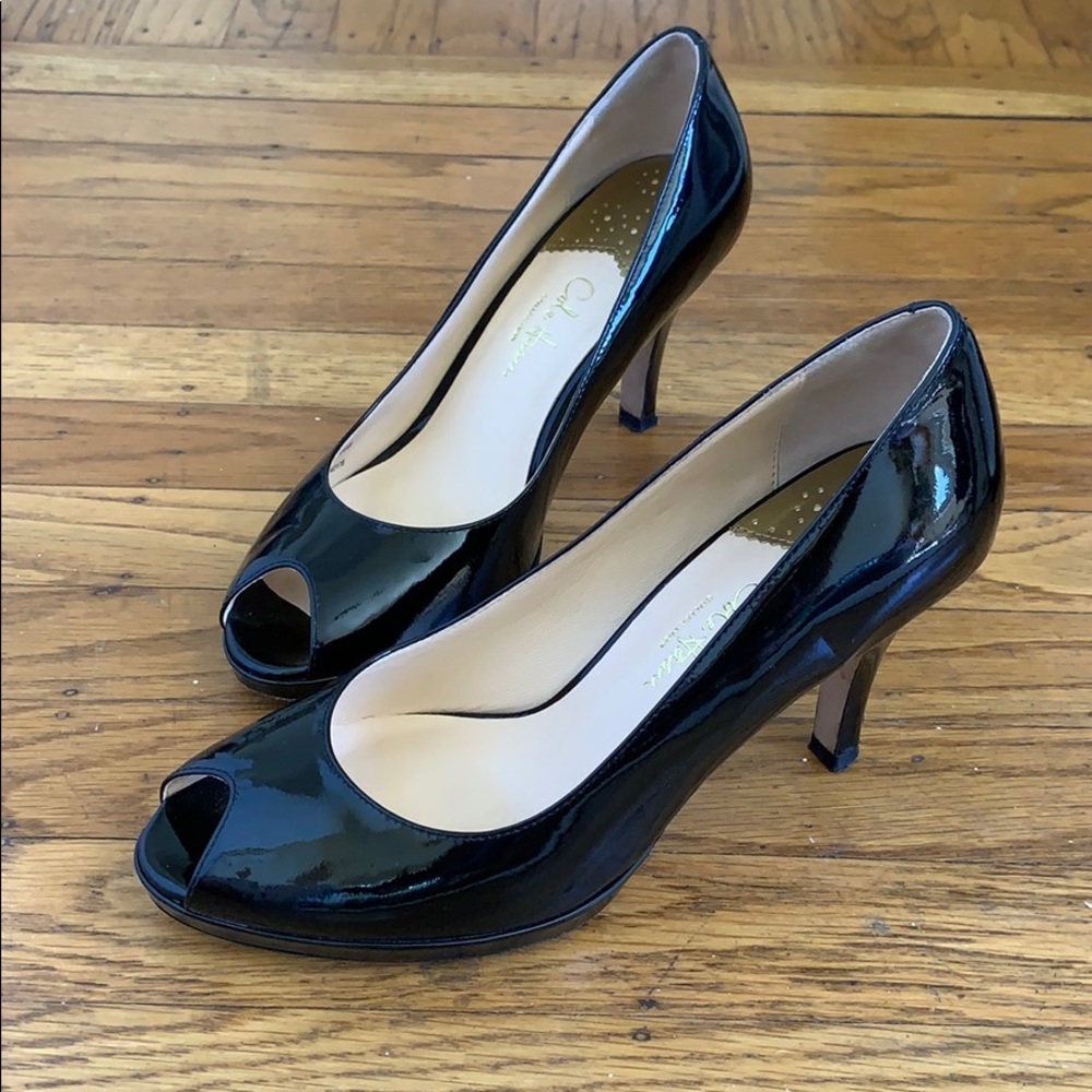 COLE HAAN Nike Air Black Patent Work Holiday Peep Toe Pump Heels